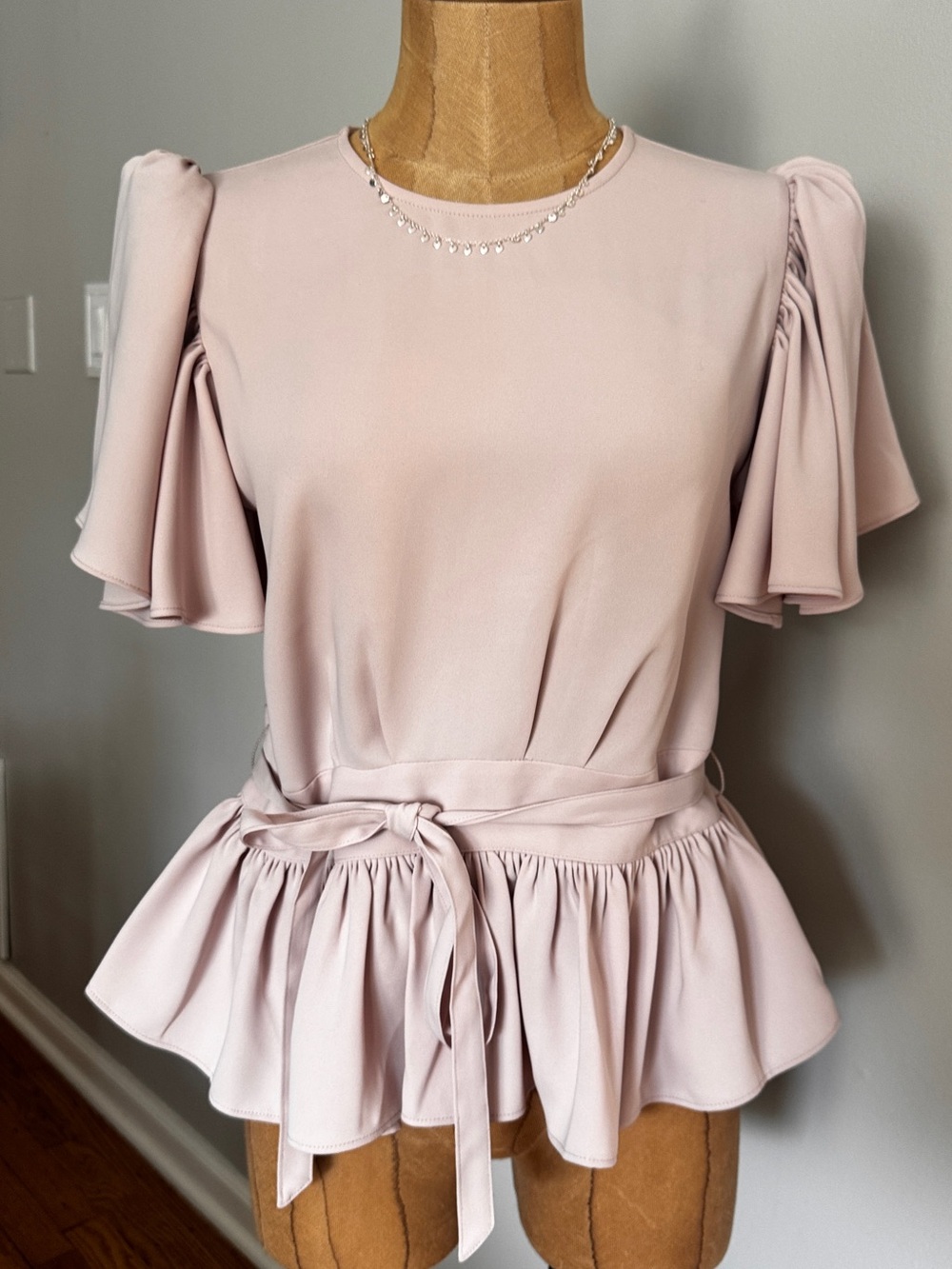 Express Light Blush Peplum Blouse with Tie Waist